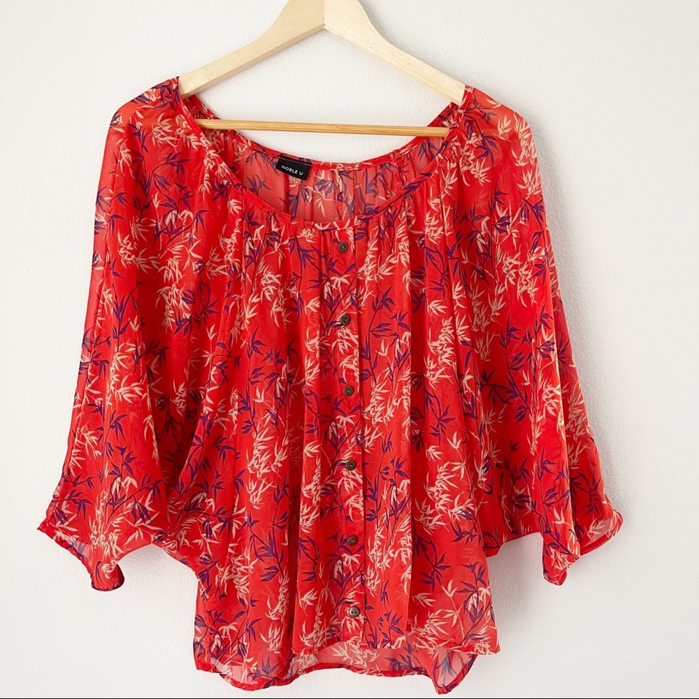 Bohemian Leaves Red Balloon Sleeve Top Sz Medium